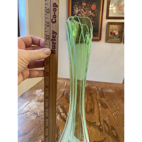 Vintage Green Swung Vase With White Stripe Stretch Glass Artistry 15" Tall - Picture 3 of 5